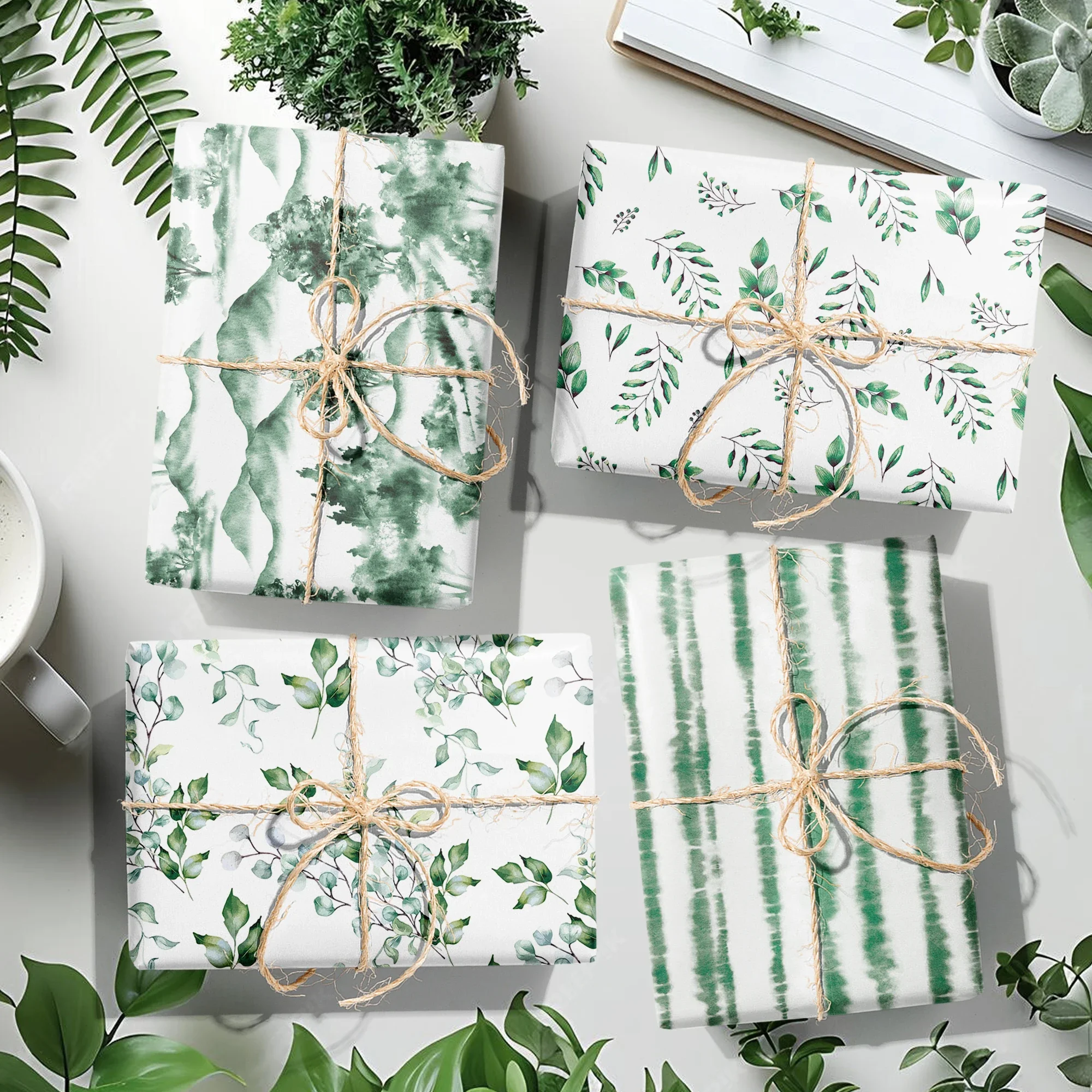 4/12/24pcs Eucalyptus Leaf Mountain Landscape Gift Wrapping Paper Sheets, Birthday Christmas Party Gift Packaging Supplies