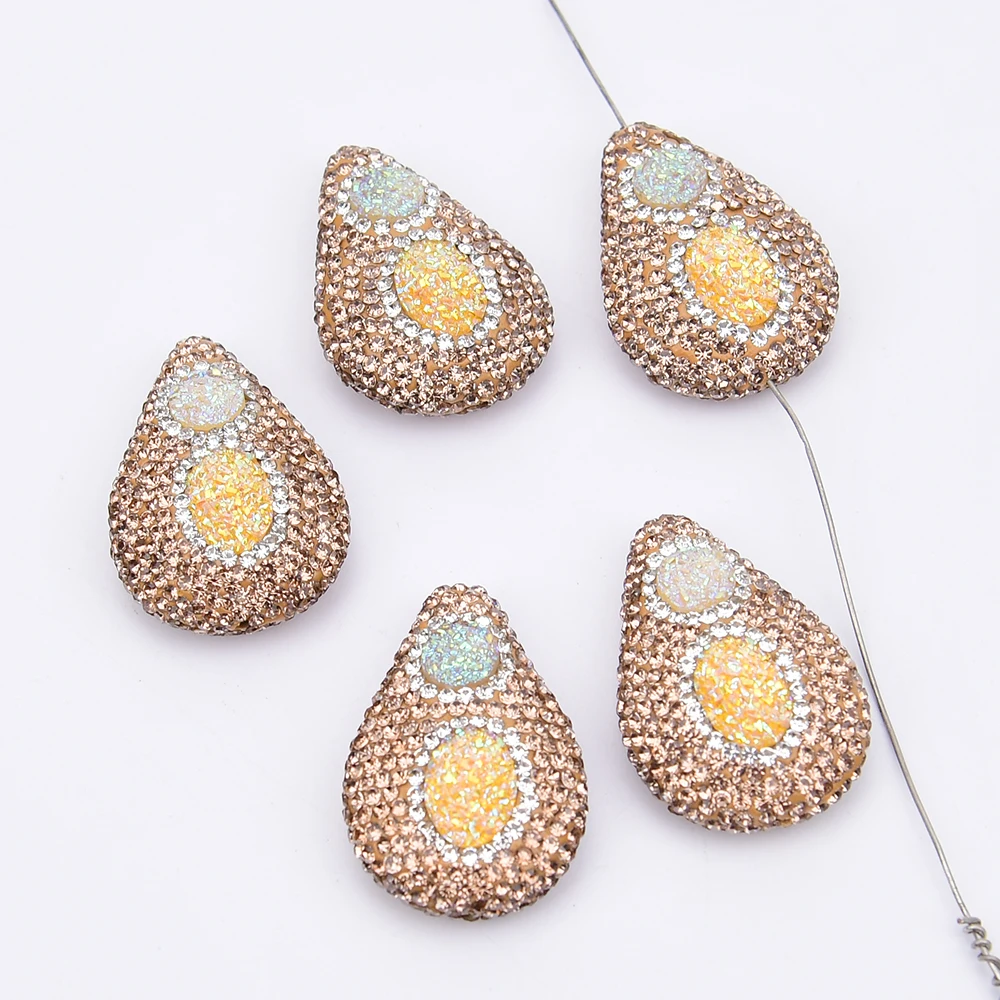 APDGG 27x39mm 5 Pcs Natural Yellow Quartz Golden Rhinestone Paved Teardrop Pendant Beads Jewelry DIY