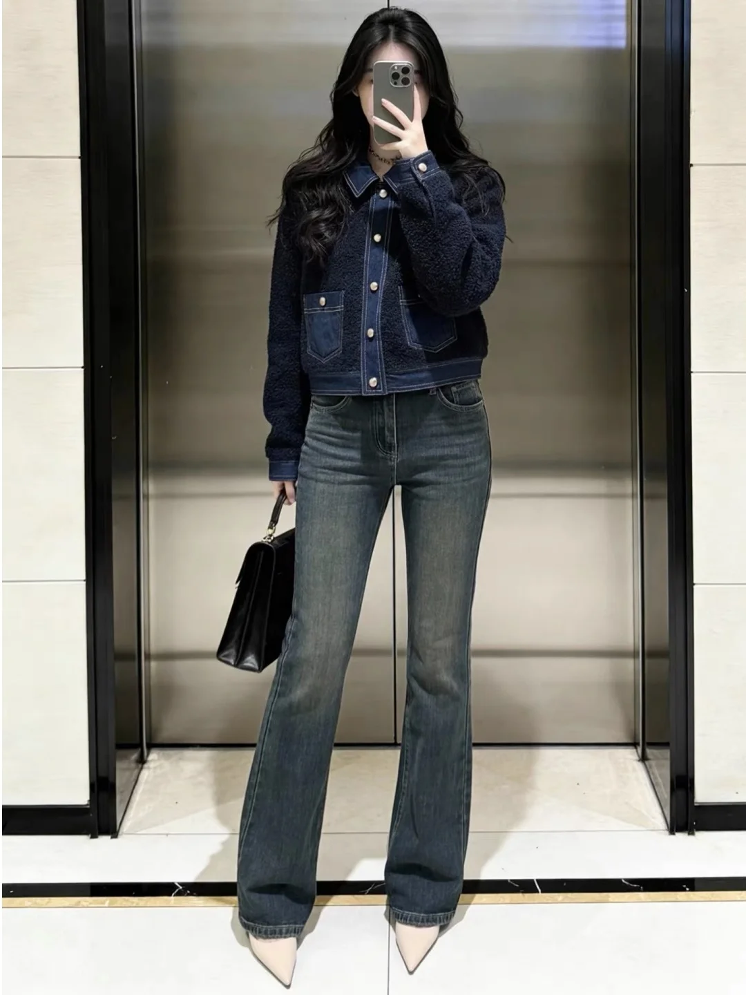 

Джинсовое джинсовое пальто в стиле ретро с мехом ягненка, длинное све, верхняя одежда с отложным воротником для женщин, повседневное пальто с подставкой и подставкой