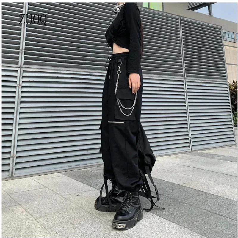 여성용 고딕 카고 팬츠, 펑크 체인, 고딕 하라주쿠, 블랙 바지, 한국 패션, 하이웨이스트 스웻팬츠, 2025 신상