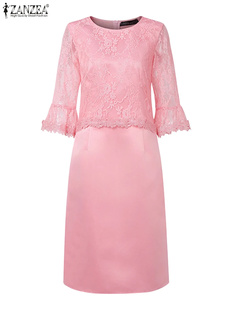 ZANZEA Elegant Women Office Lace Dress 2025 Summer Satin Knee-length Sundress Robe Casual 3/4 Sleeve Solid Party Vestidos Femme
