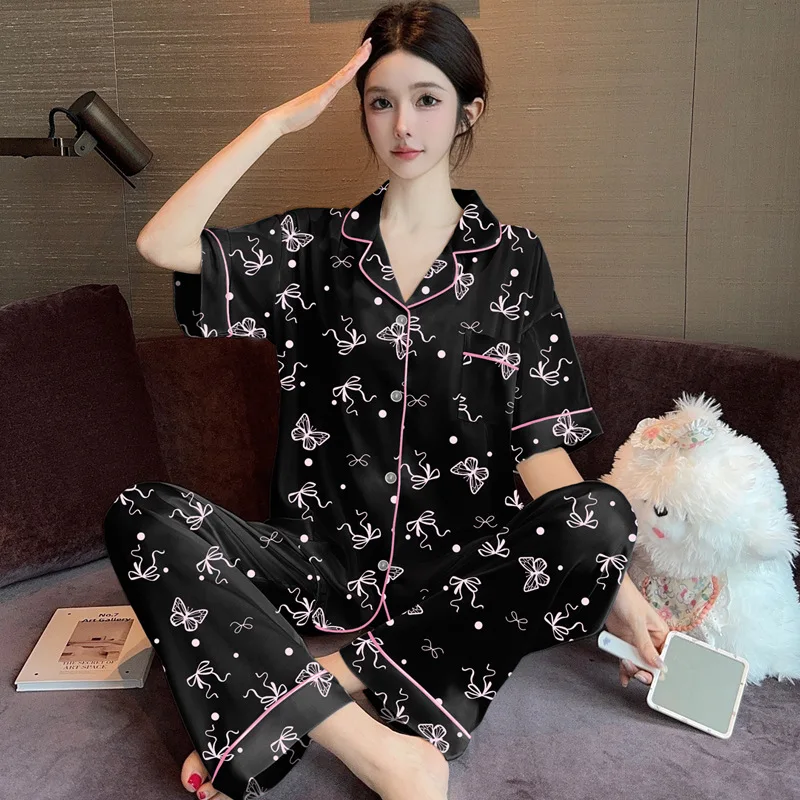 French Bowknot Polka Dot Ice Silk Pajamas for Women Summer 2026 New Style Home Wear Short-Sleeved Shirt and Long Pants Outdoor