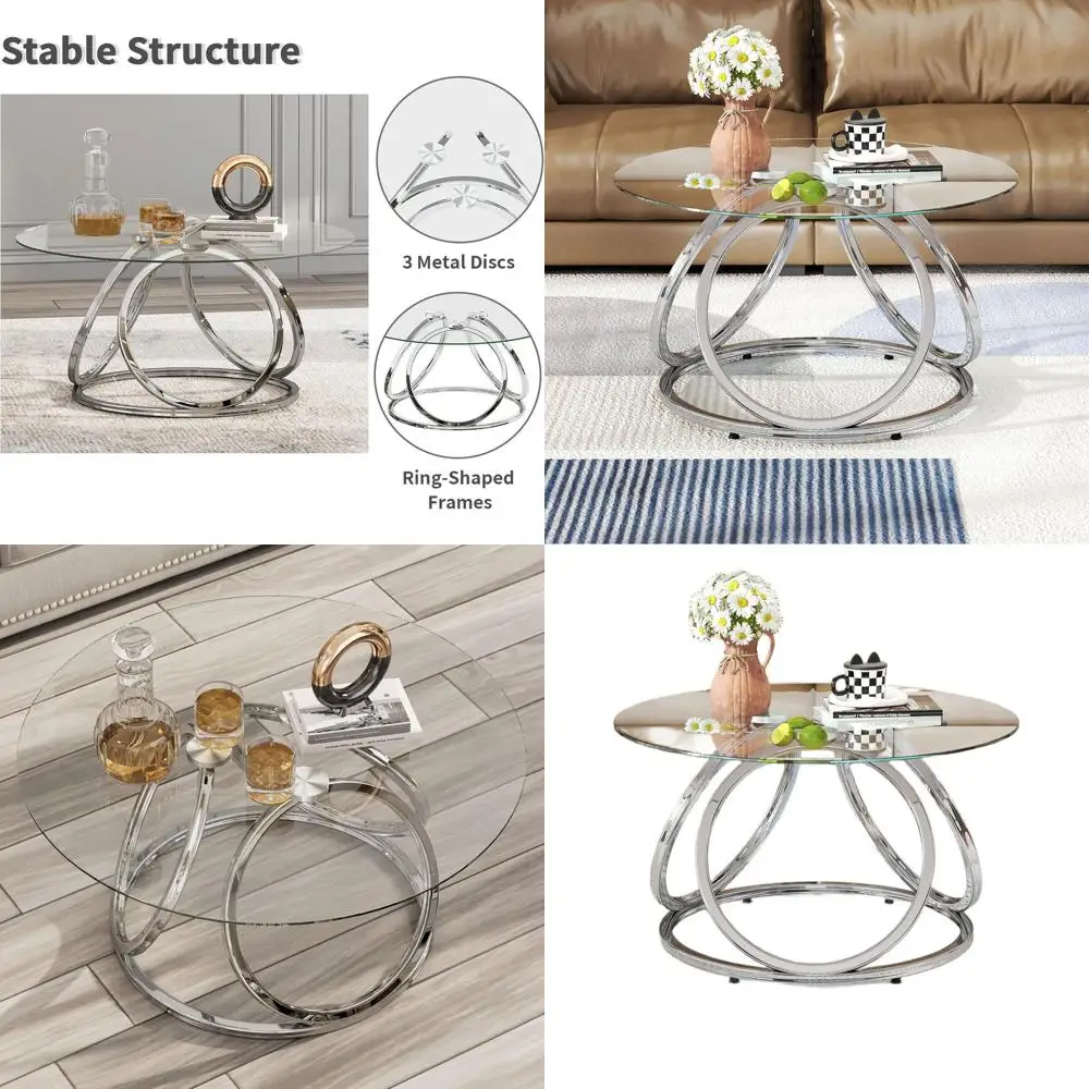 

Modern Glass Coffee Table with Ring Base for Living Room and Home Office, Chrome Finish, 1 Piece