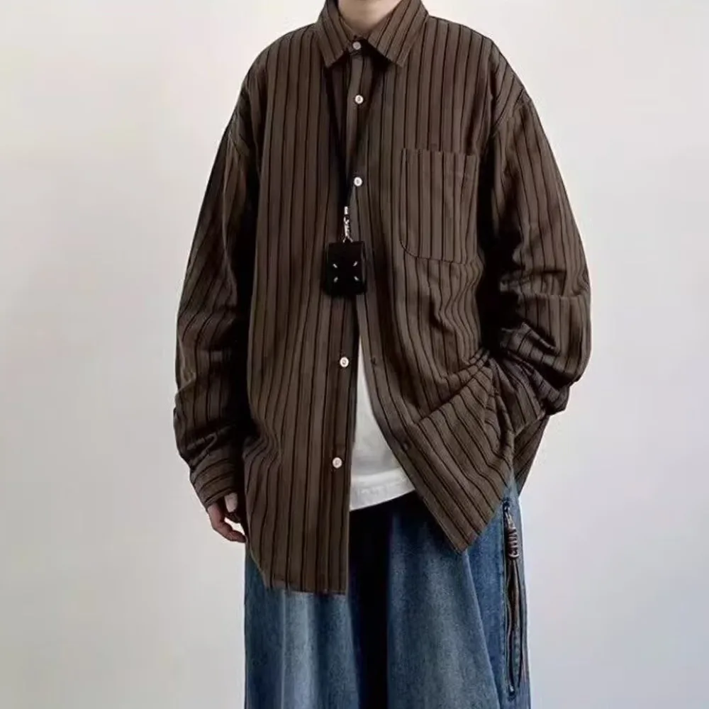 

Японская рубашка с длинным рукавом, мужская однотонная полосатая хлопковая рубашка, свободная посадка, удобная повседневная одежда, винтажный стиль, городская уличная мода
