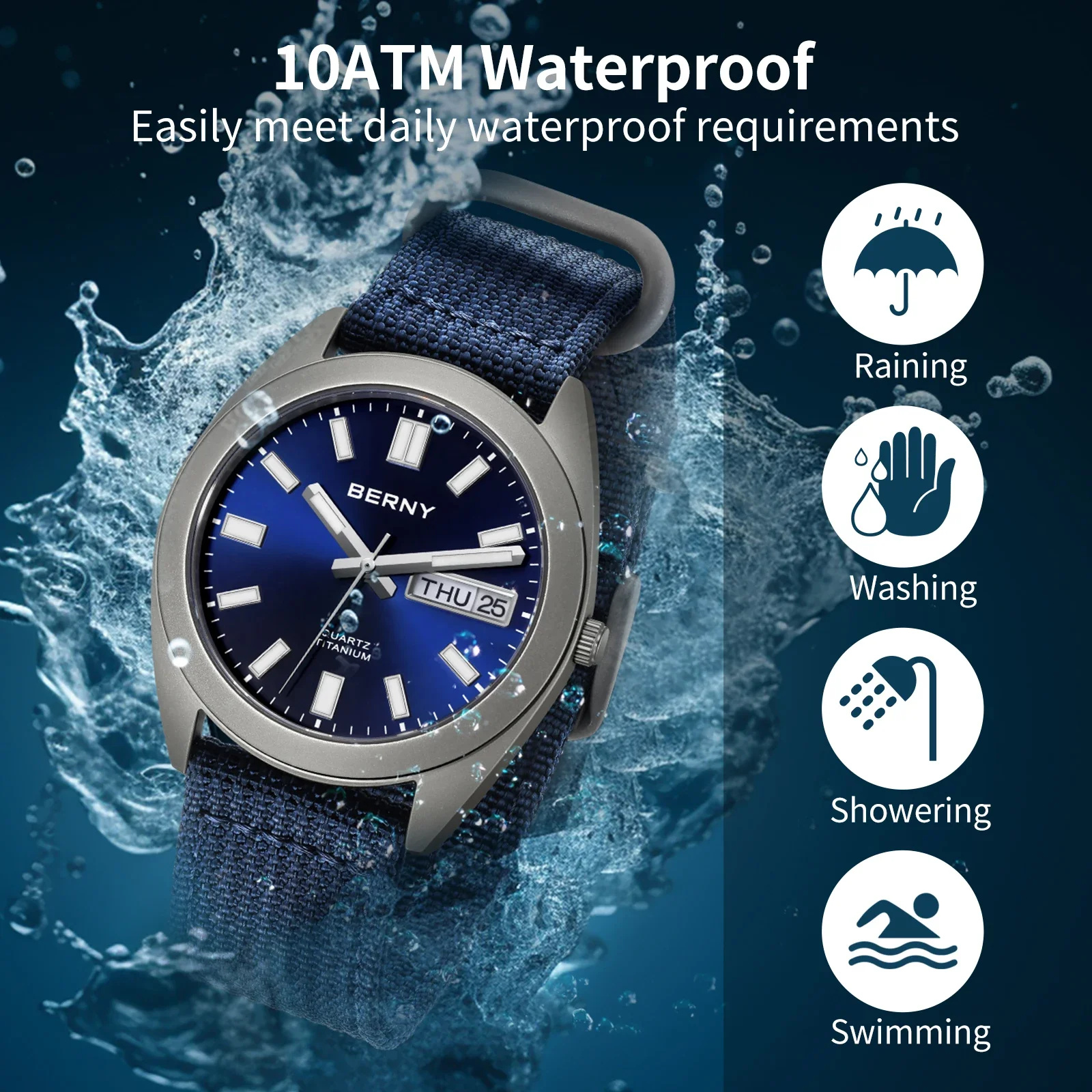 BERNY Titanium Men Watch Supper Luminous Sport Field Quartz Wristwatch Super Luminous Sapphire 100m Waterproof SNXS75 Watches