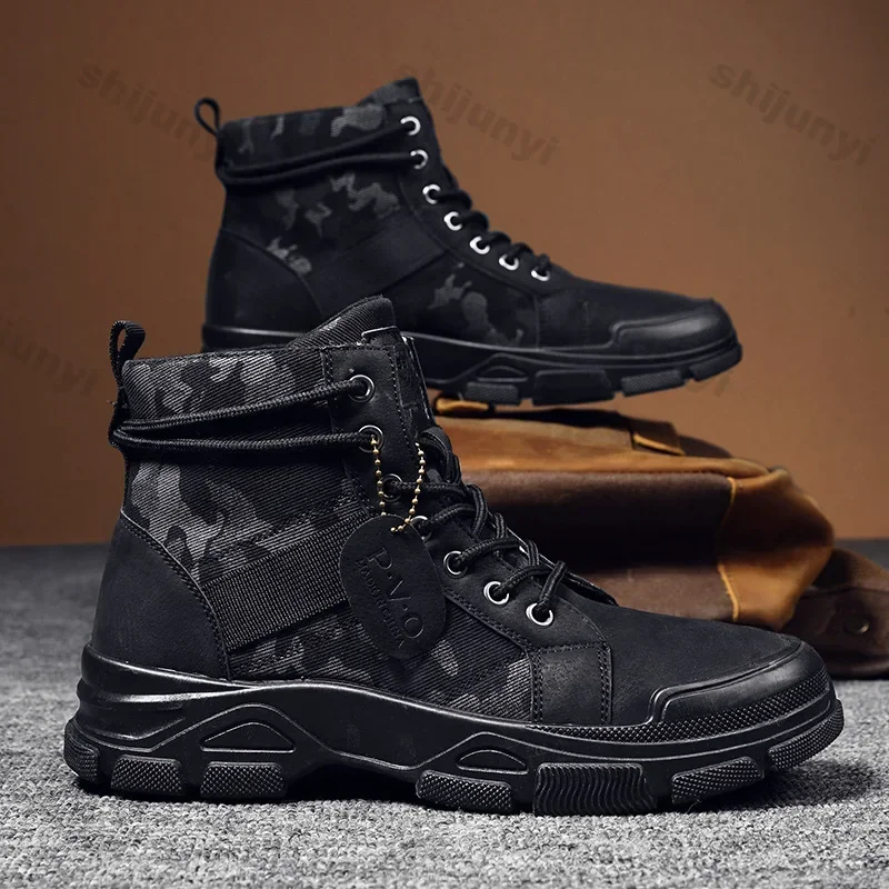 Handsome Men Lace Up Thick Sole Ankle Boots Autumn Winter Trend Anti Slip Comfort High Top Retro Desert Boots Casual Work Shoes