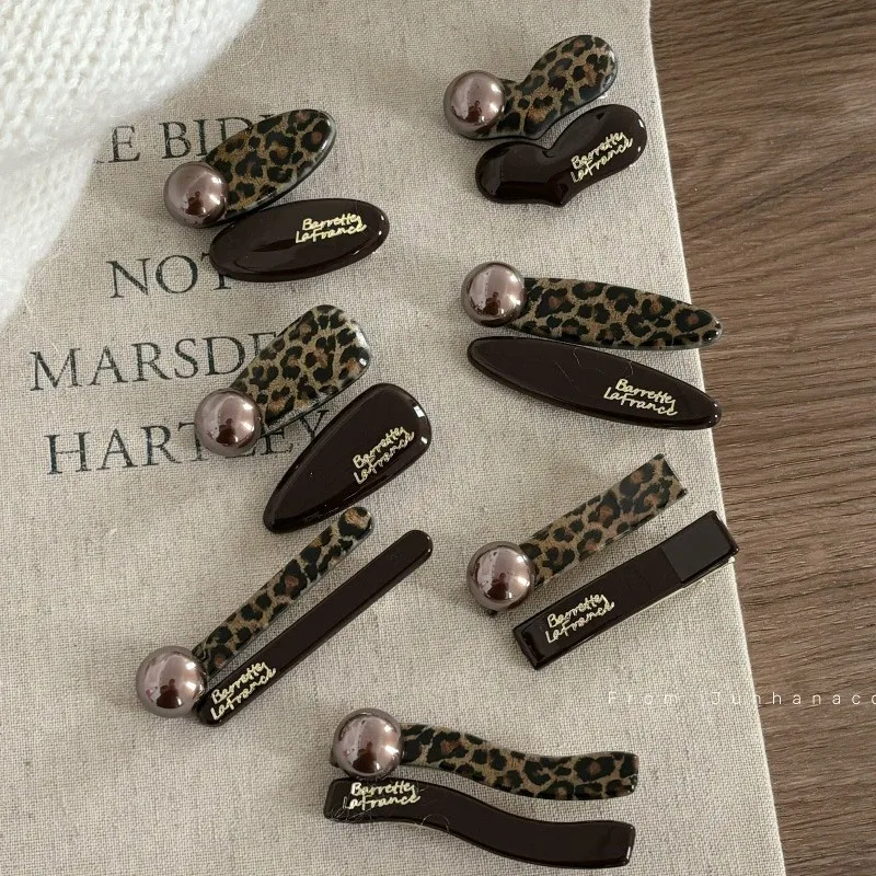 French leopard print chocolate hairpin duck bill clip coffee pearl hairpin fashion edge clip women's hair accessories