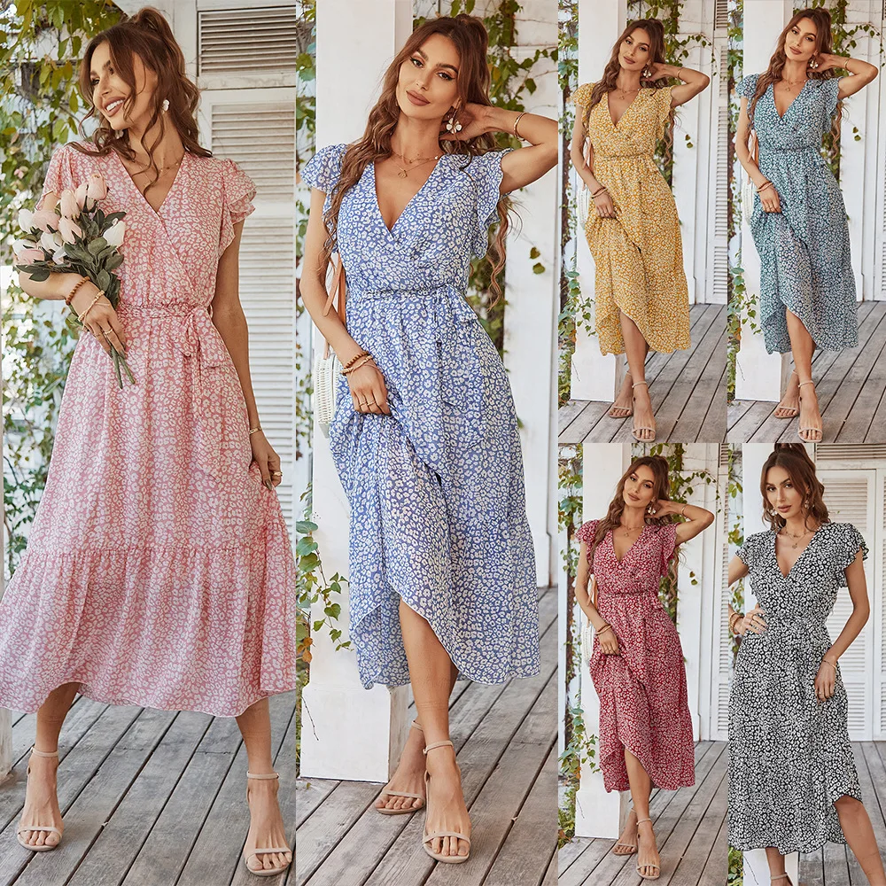 Gonna longuette a vita alta con stampa floreale sexy Flowy Dr Summer Casual V-ne Or Sve Abbigliamento donna Street Sle Dr