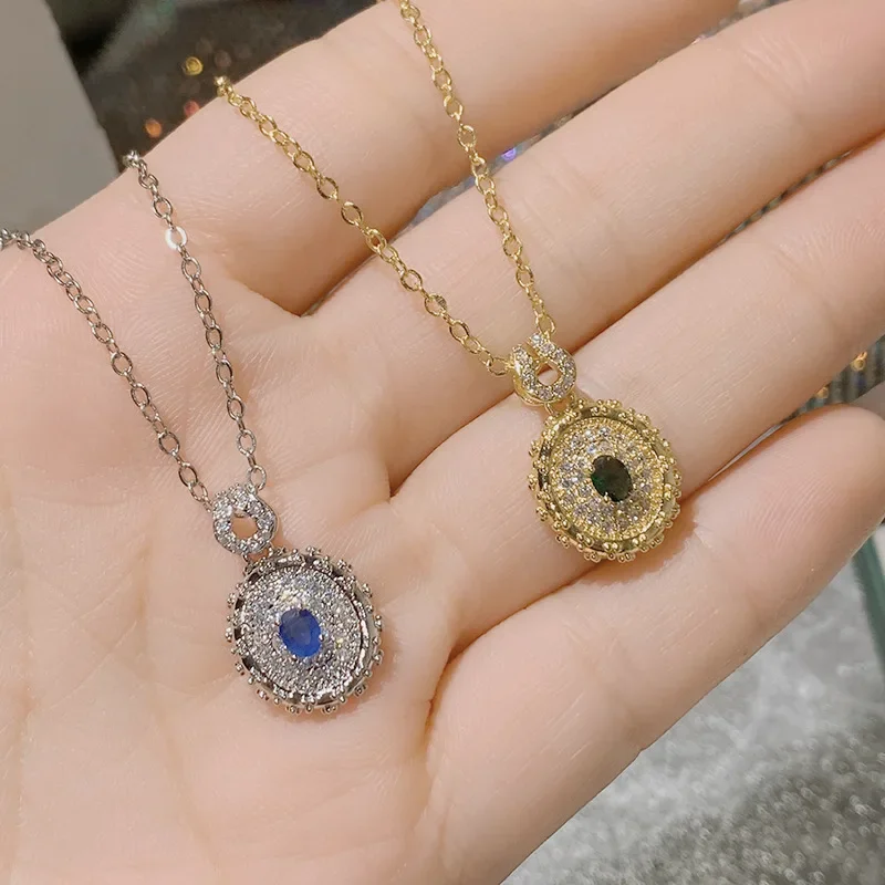 

MDL Moissanite Style Jewelry New Italian Imitation Sapphire Necklace Gold-plated Micro-set Full Of Diamonds Buchi Wind Pendant