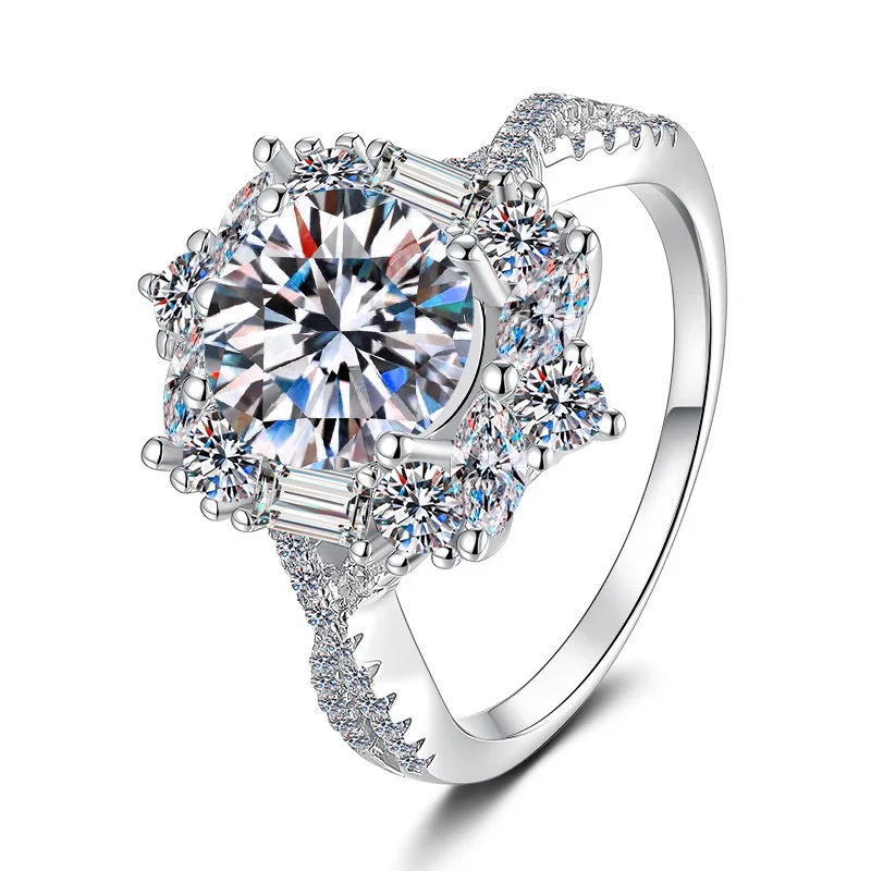 Matte finish creates light contrast of floral starry ring for women with 2ct moissanite beside textured PT950 platinum mounts