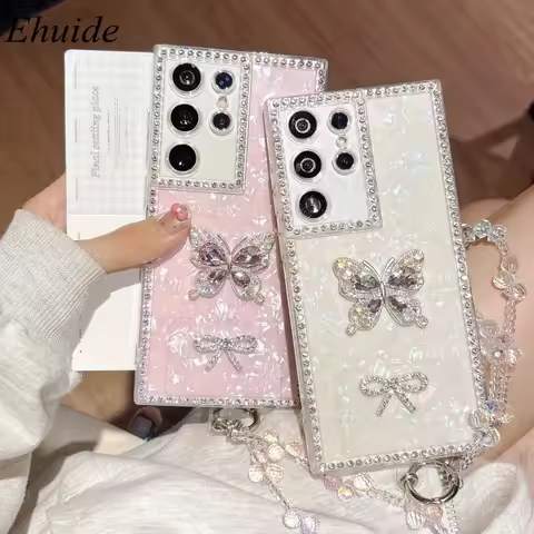 Diamond Case For Samsung Galaxy S25 Ultra S20 S21 S23 FE S24 Plus A17 Crystal Butterfly Short Chain Glitter Bracelet Strap Cover