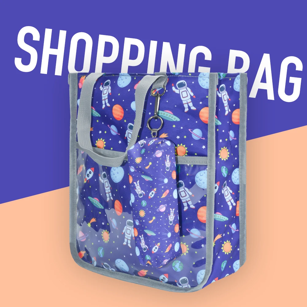 حقيبة تسوق من البوليستر مع جيب تخزين شفاف على الأمام، حقيبة تخزين ذات سعة كبيرة للنساء للخروج من التسوق