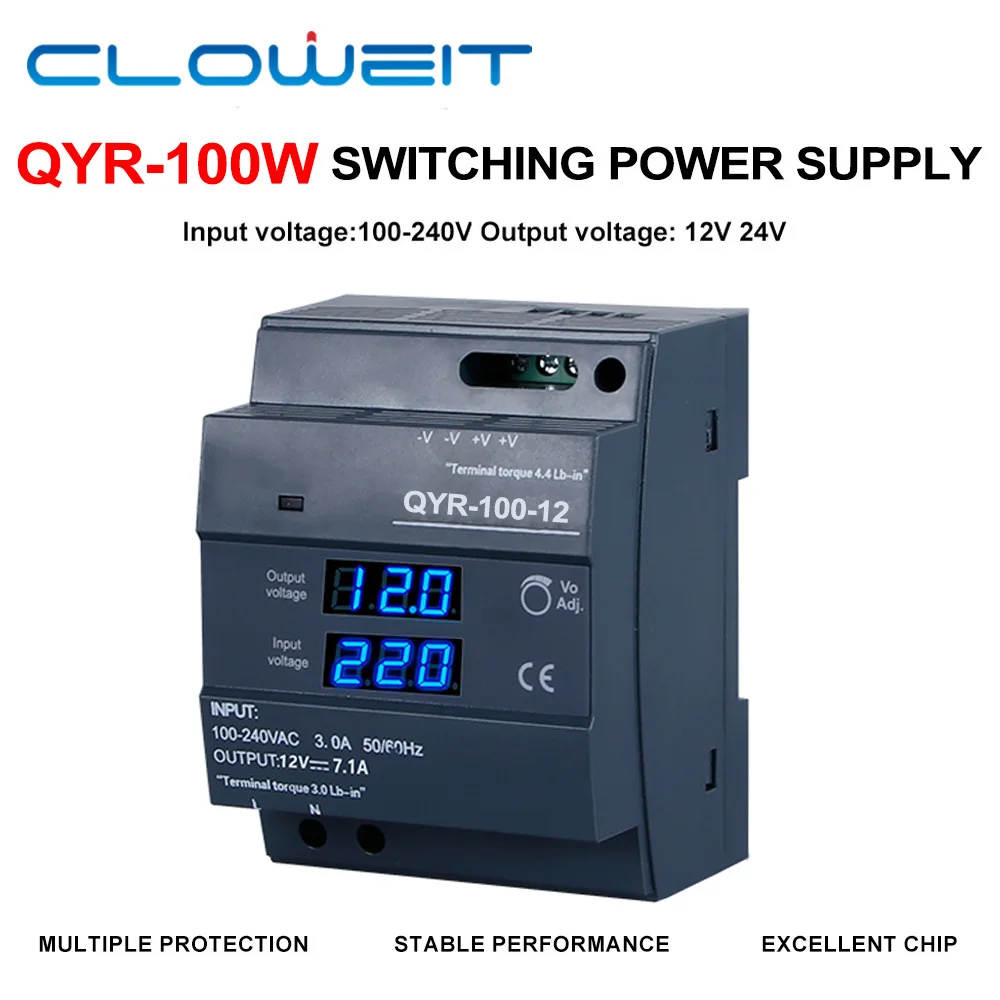 

Cloweit New DIN Rail Switching Power Supply QYR-100W AC-DC 12V 24V With Digital Display Industrial for LED Light Strip
