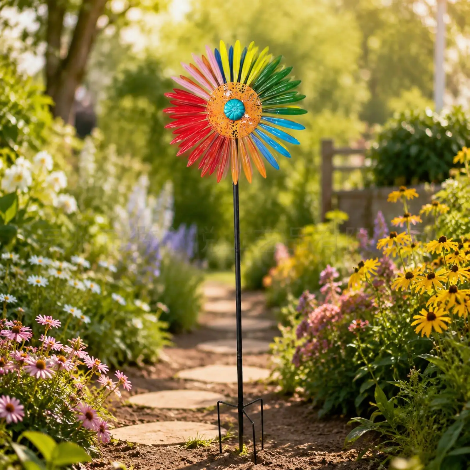 Iron Wind Spinner Garden Art Rotating Windmill with Orange Center for Outdoor Lawn