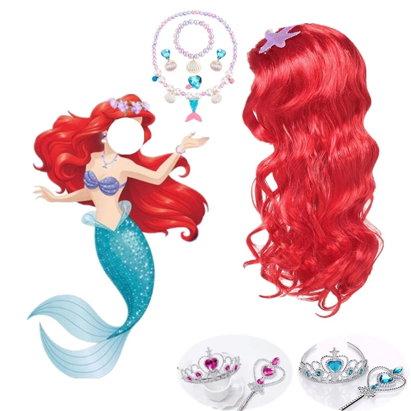 Ariel Princess Accessories Gloves Wand Crown Jewelry Set Mermaid Wig Necklace Braid for Princess Dress Clothing Cosplay Dress UP