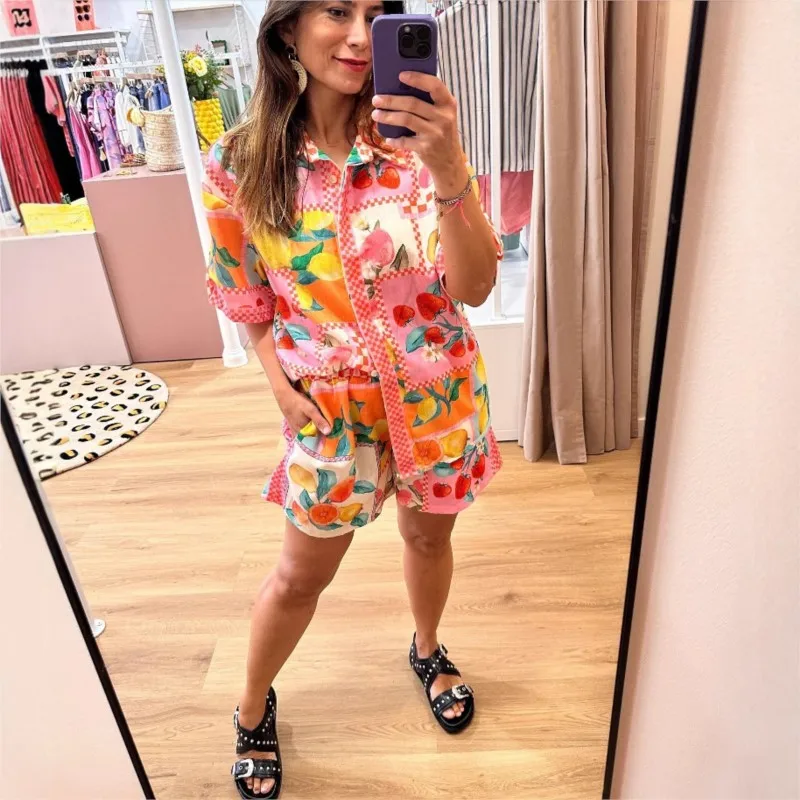 2-teiliges Sommer-Strand-Outfit für Damen, Boho-Damen-Kurzarmshirt + Shorts mit elastischer Taille, passendes Sommer-Outfit
