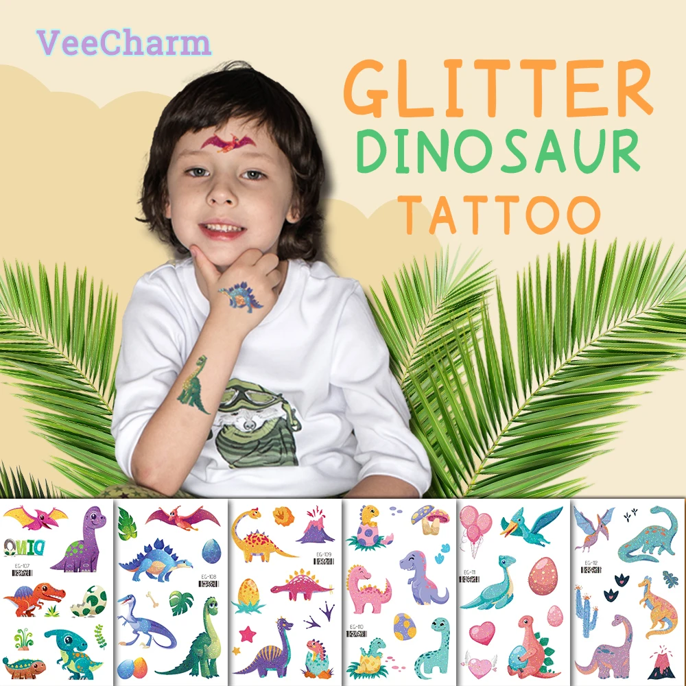 VeeCharm - Dinosaur Glitter Tattoos For Kids, Temporary Tattoo, Dino Party Favors T-rex Decorations Birthday Party, 1/20 Sheet