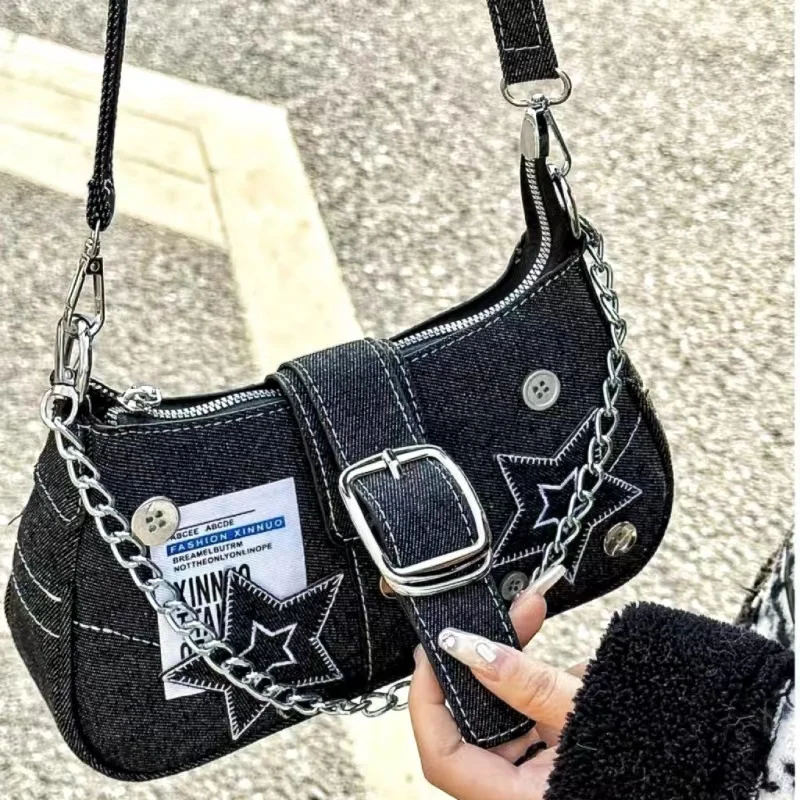 Y2k Fashion Women's Handbags Stars Pattern Cool Girl Underarm Bag Vintage Canvas Female Shoulder Bag Chain Crossbody Tote Purses