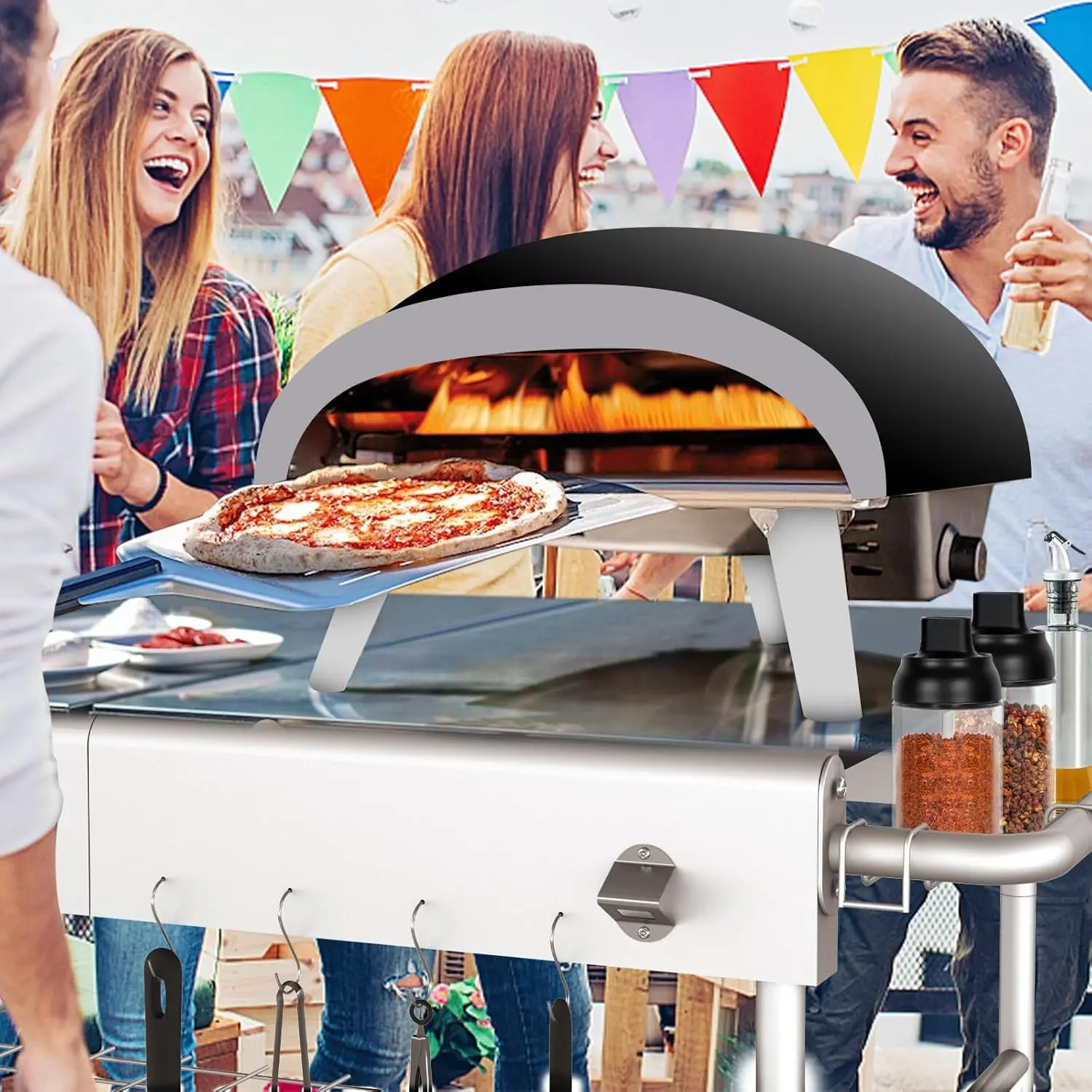 Pizza Oven Table Grill Cart for 16& 12 with Pizza Topping Station Movable Food and Prep Outdoor