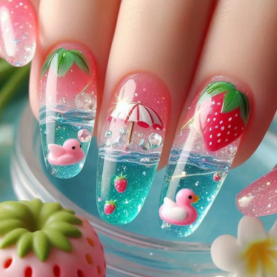 24pcs/set Medium long fake nails Gradient blue ocean fish sun flowers butterfly square ballet summer tips press on false nail