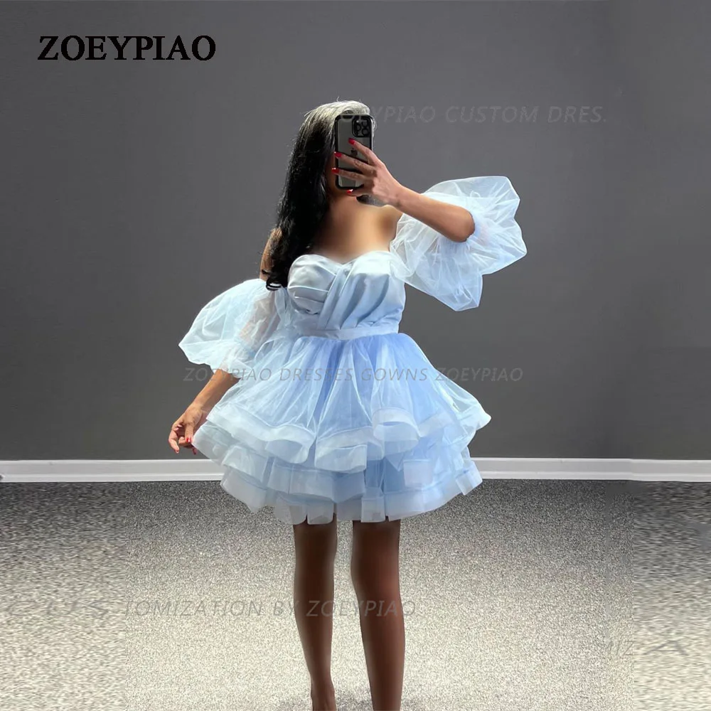 

Light Blue Sweetheart Prom Dress A Line Short Multilayer Vestidos De Fiesta Tulle Tiered Girl Custom Made Evening Dress 2024