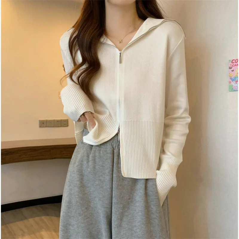 Dzianinowe swetry z zamkami błyskawicznymi, stójką, damskie, uliczne, khaki, kardigany z długim rękawem, topy, nowa kolekcja jesień 2025, damskie, jednolite, dzianiny.
