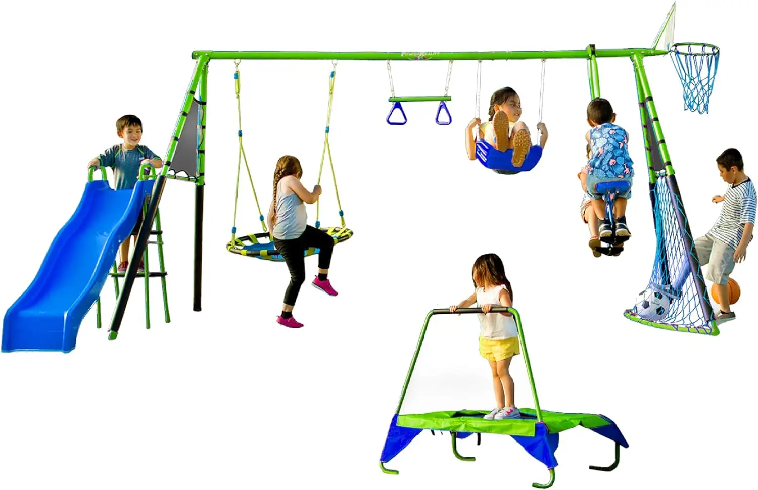 Ensemble de terrain de jeu Sports Outdoor 8 Stations, comprend un ensemble de balançoire, un toboggan, des barres de singe, un panier de basket-ball, un trampoline, du football et du basket-ball