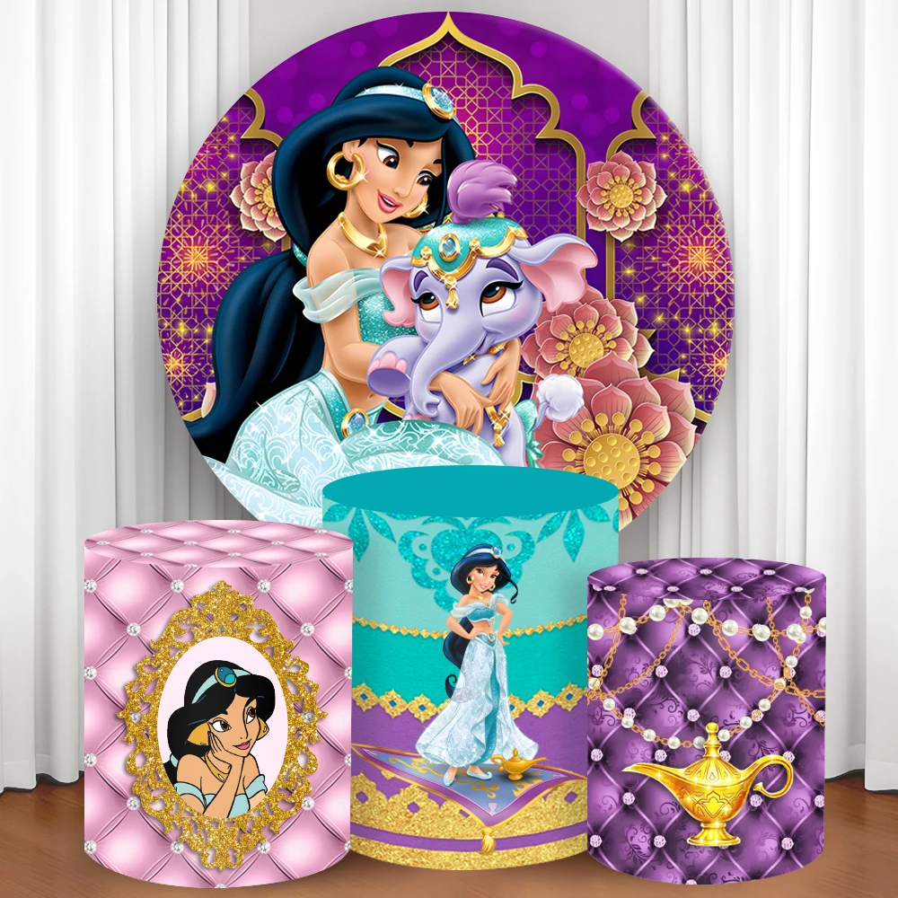 Disney Princess Jasmine Round Cylinder Backdrop Cover Aladdin Cylindrical CakeTable Cover Birthday Party Photograph Background