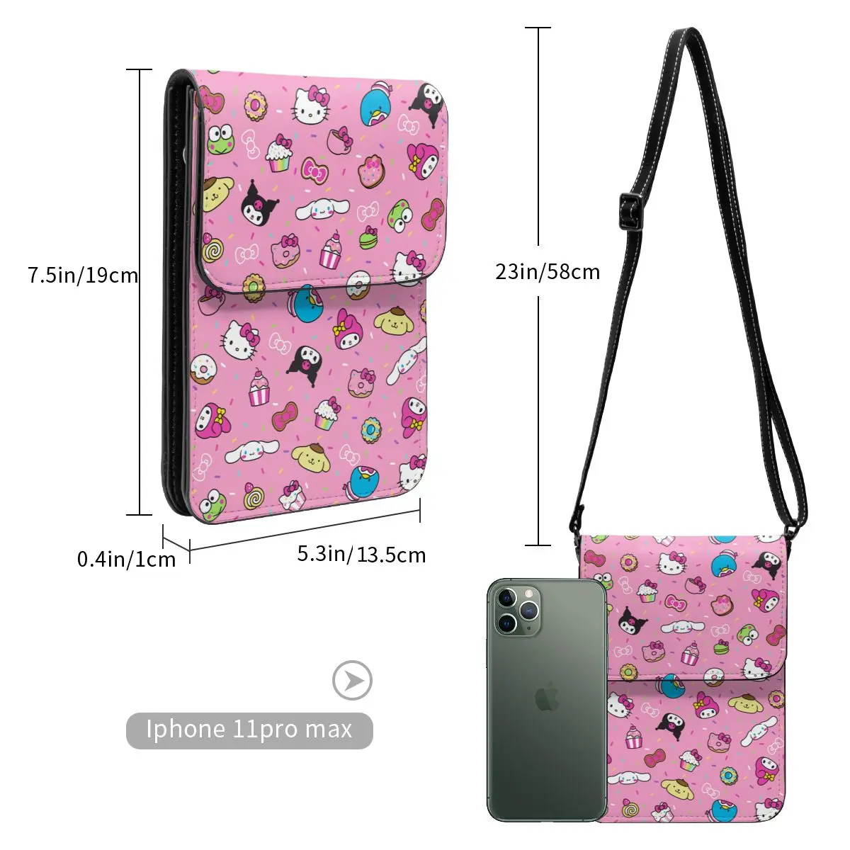 Sanrio Characters Cell Phone Purse Bags Leather Card Holder Wallet Fashion Woman Hello Kitty Kuromi Crossbody Bag Lightweight