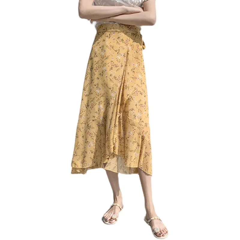 Einteilige binden Frauen Chiffon Blumen röcke hohe Taille elegante Chiffon gedruckt lässige Midi A-Linie Röcke weiblich 2024 neu