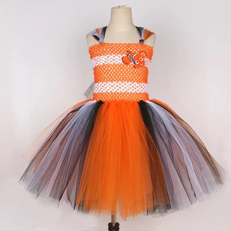 Baby Girls Orange Clownfish Tutu Dress for Kids Ocean Fish Halloween Costumes Child Christmas Birthday Cartoon Outfits with Bow