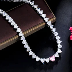 ThreeGraces Brilliant Pink White Cubic Zirconia Silver Color Women Love Heart CZ Tennis Link Chain Necklace Party Jewelry PN126