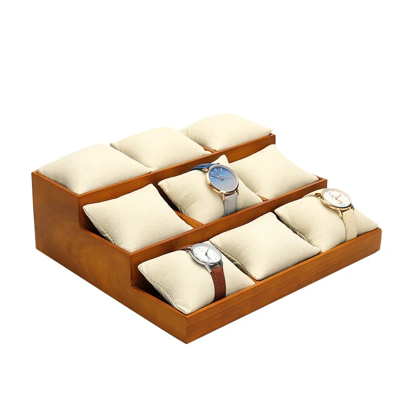 Caja organizadora de relojes de terciopelo de madera, soporte de exhibición de pulsera gris Beige, bandeja de almacenamiento de joyas de madera con 9 ranuras