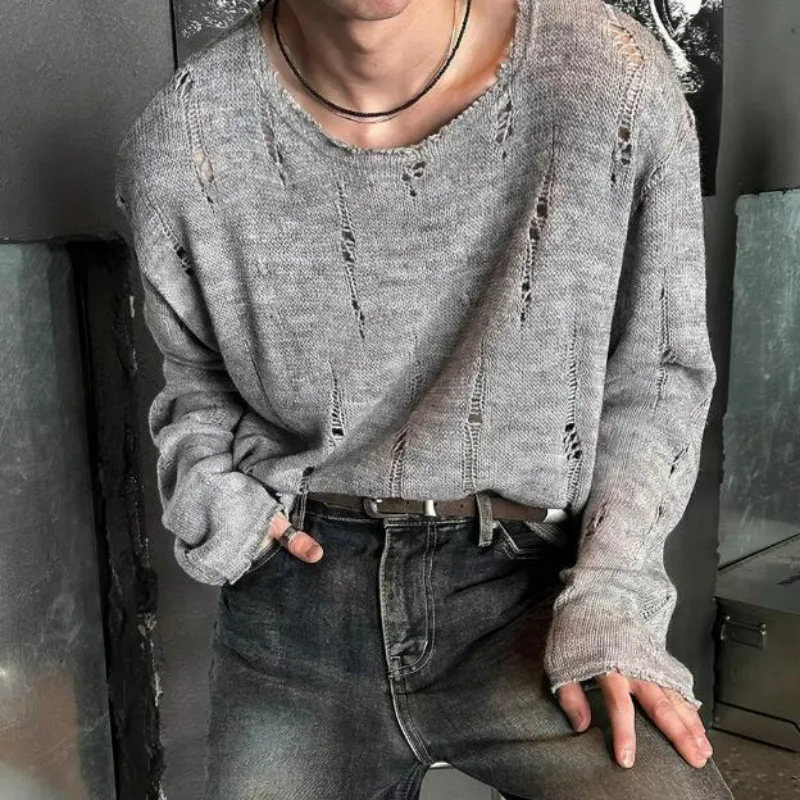 KIDWHXR Autumn Knitted Tops Men Streetwear Hollow Out Ripped T-shirts Man Simple Solid Long Sleeve Versatile Male Loose Pullover