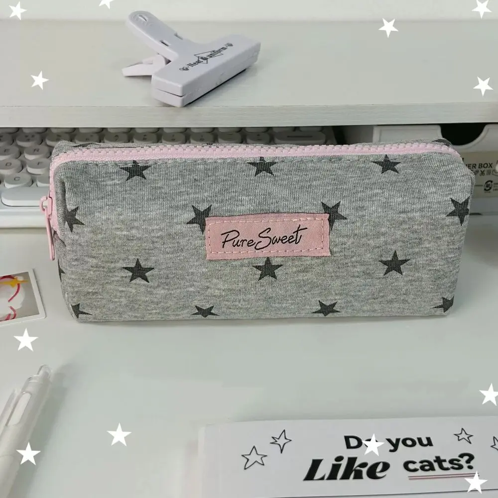 Large Capacity Star Print Pencil Cases Polka Dot Cosmetic Organizer Stationery Storage Bag Grey Educational Student Pen Bag