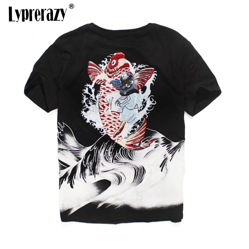 

Lyprerazy Chinese Style Koi Fish Embroidery Men's T-shirt Summer Harajuku Retro Short-sleeved Top Tees