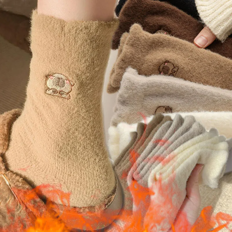 

Милые бархатные носки из норки с героями мультфильмов, женские зимние мягкие флисовые плюшевые теплые носки для сна, кавайные пушистые термобелье, домашние средние носки-трубы