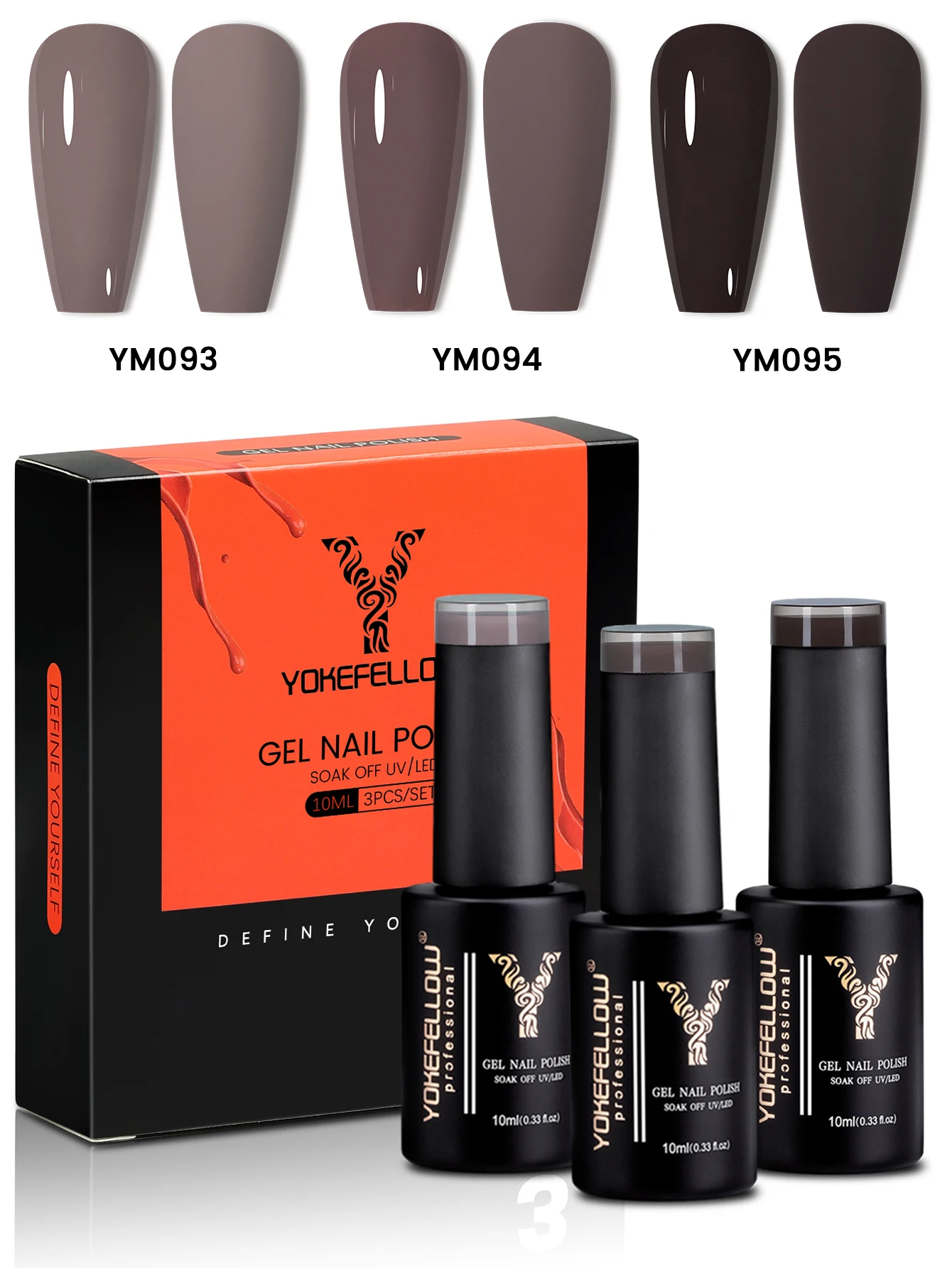 Yokefellow gel unha polonês10ml cinza marrom 3 cores/conjunto embeber fora uv luz cura gel polonês para arte do prego diy manicure em casa