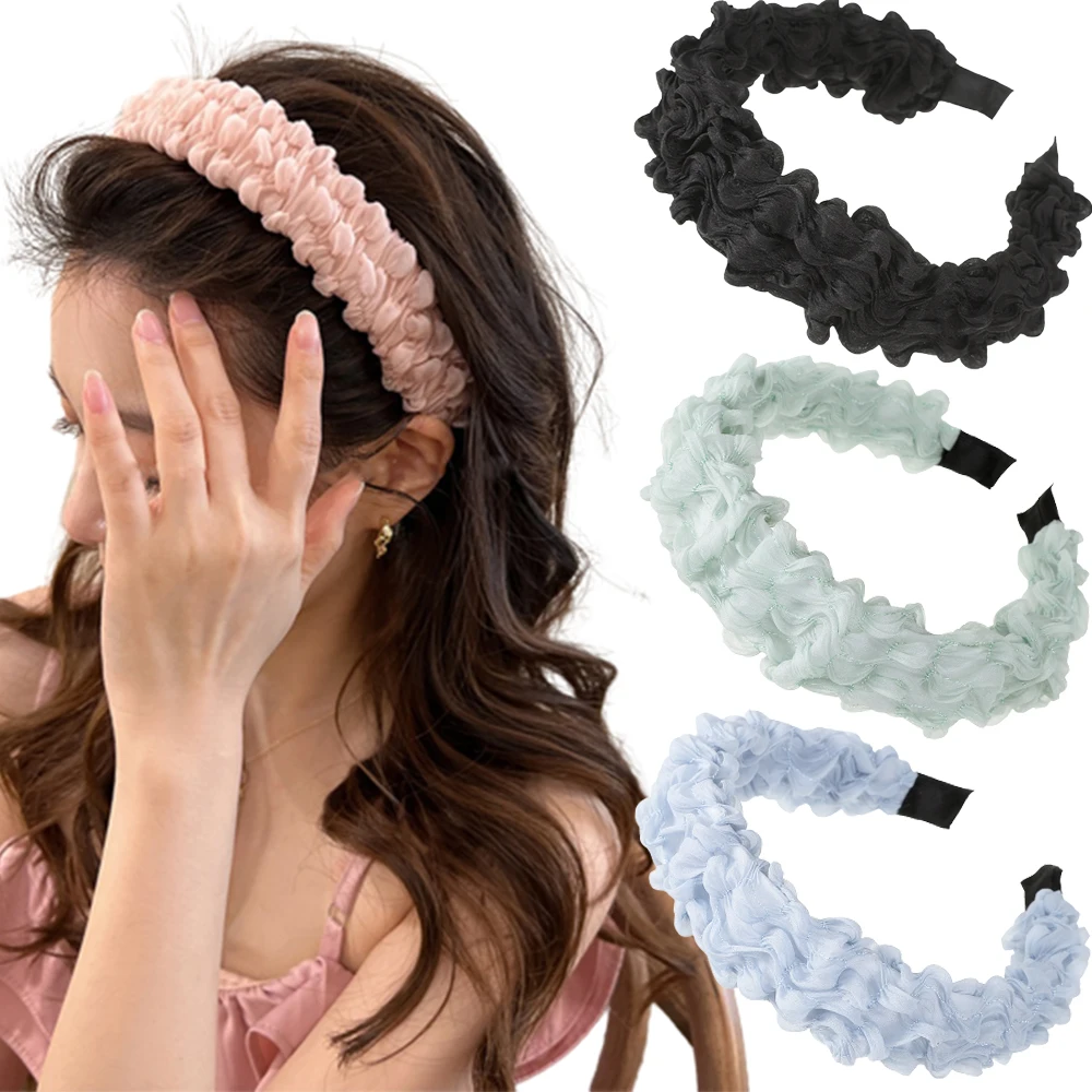 Haimeikang Pleated Fabric Headband Black Sweet Hair Hoops Hair Band Women Solid Color Fashion Bezel Headdress Hair Accessories