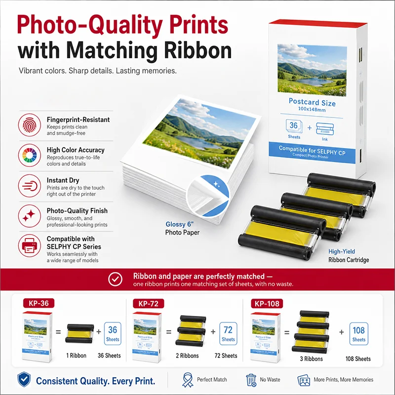 KP-108 KP-36 Ink Paper Set Compatible for Canon Selphy CP1500 CP1300 CP1200 CP1000 Photo Printer, 4x6 100x148mm 36/72/108 Sheets view 4