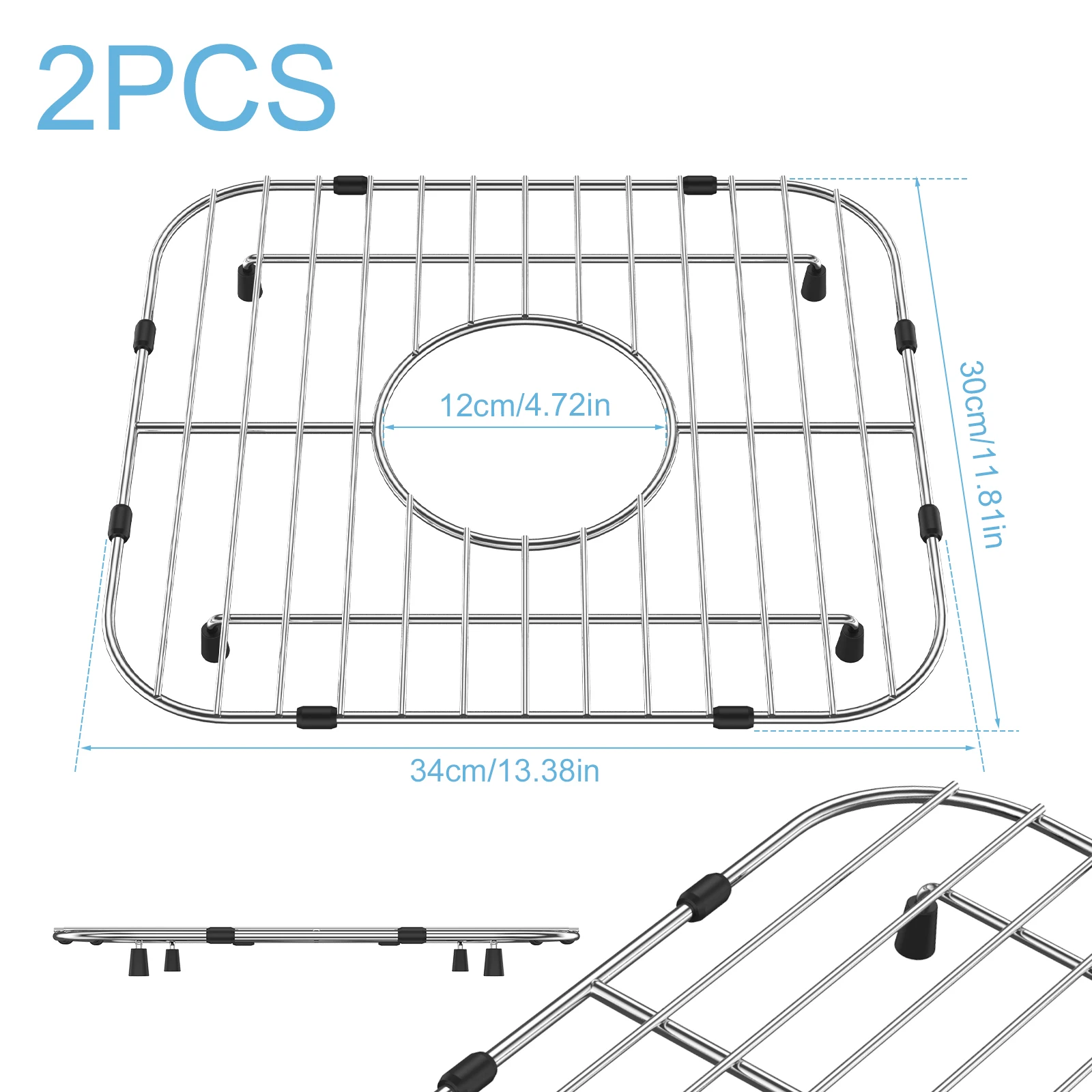 2Pcs Kitchen Sink Grid 304 Stainless Steel Sink Protectors Double Bowl Sink Bottom Grid with R50 Corner Large Sink Protectors