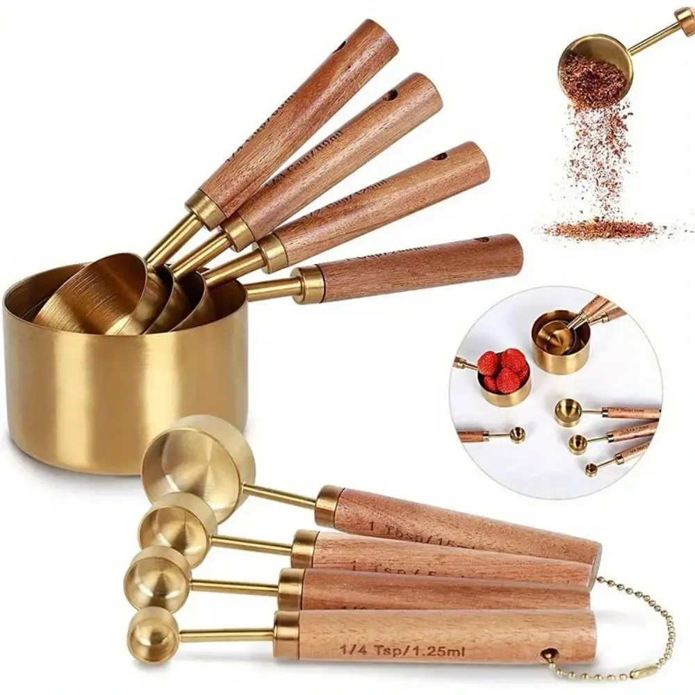 Stainless Steel Measuring Cups Spoons Gold Wooden Handle Baking Tools Mini Tea Spoon Sugar Salt Spice Spoon