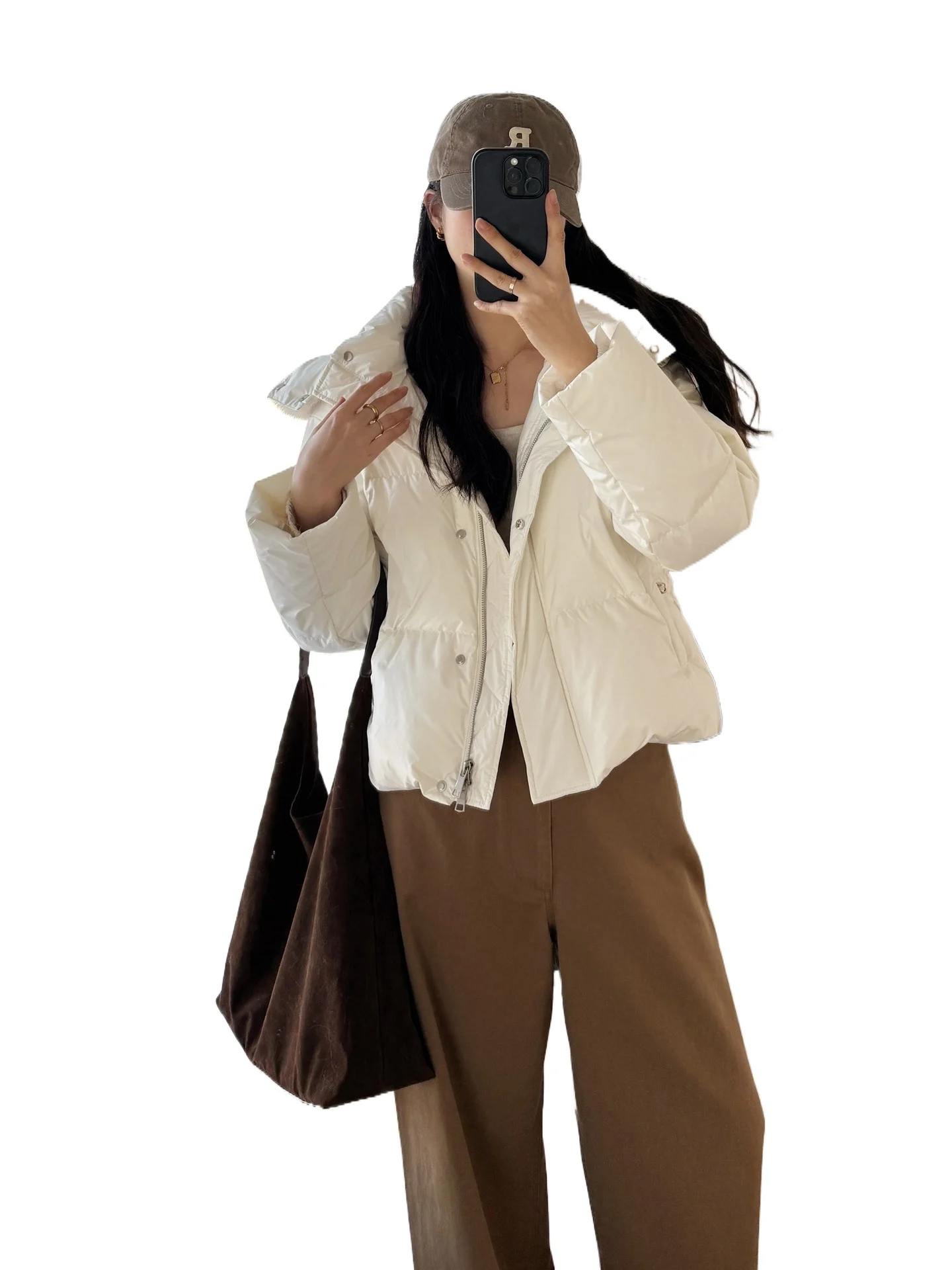 Crema Snow Treasure 2025 invierno nueva chaqueta de pan con cuello de piel de zorro con capucha 90 chaqueta de plumas de ganso blanco para mujer