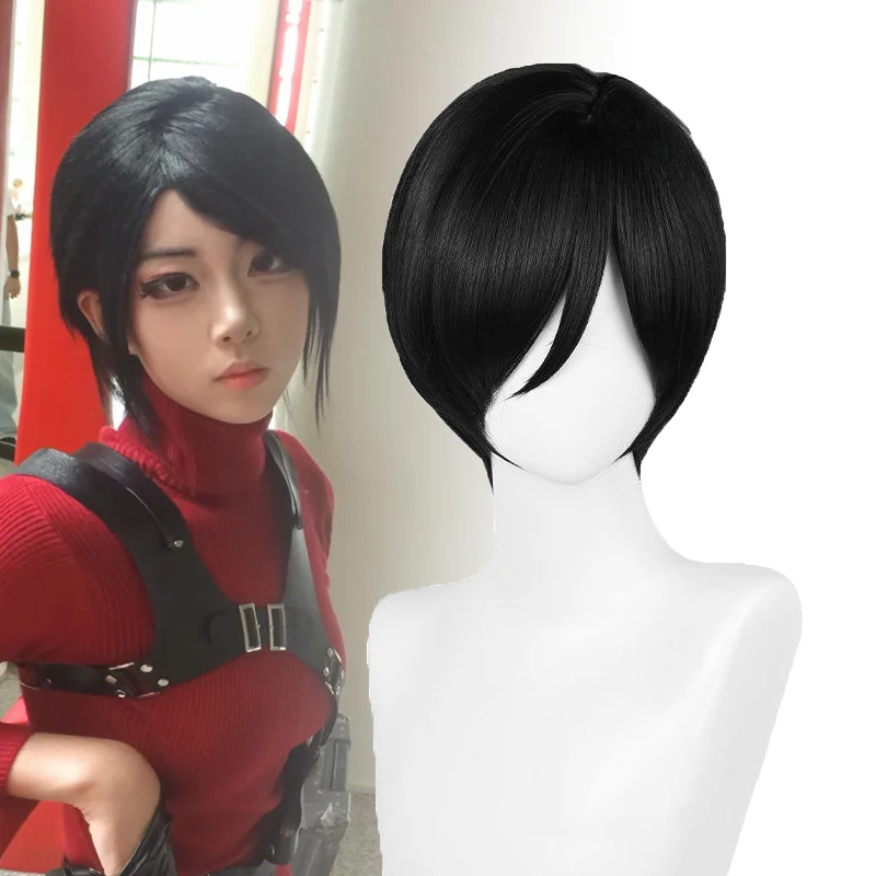 Game Ada Wong Cosplay Wig Women Black Short Hair Heat Resistant Synthetic Full Wig Halloween Prop