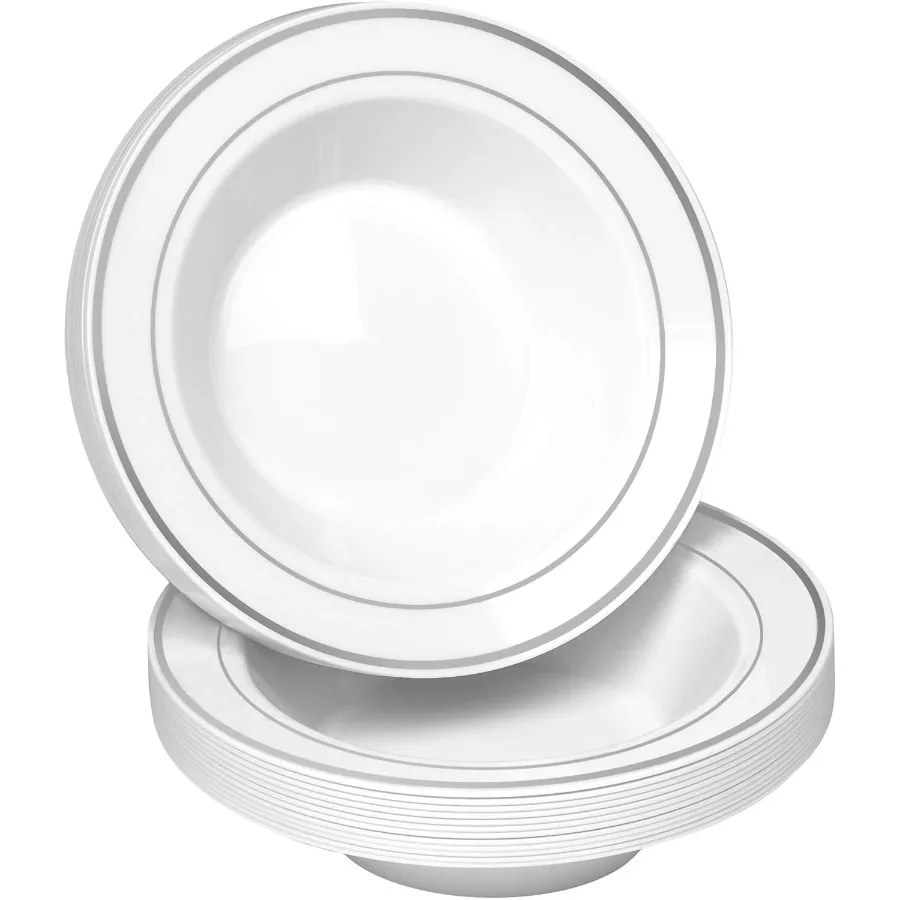 

50 Disposable White Silver Rimmed Plastic Soup Bowls 14 oz. Premium Heavy Duty Disposable Dinnerware with Real China Design Saf