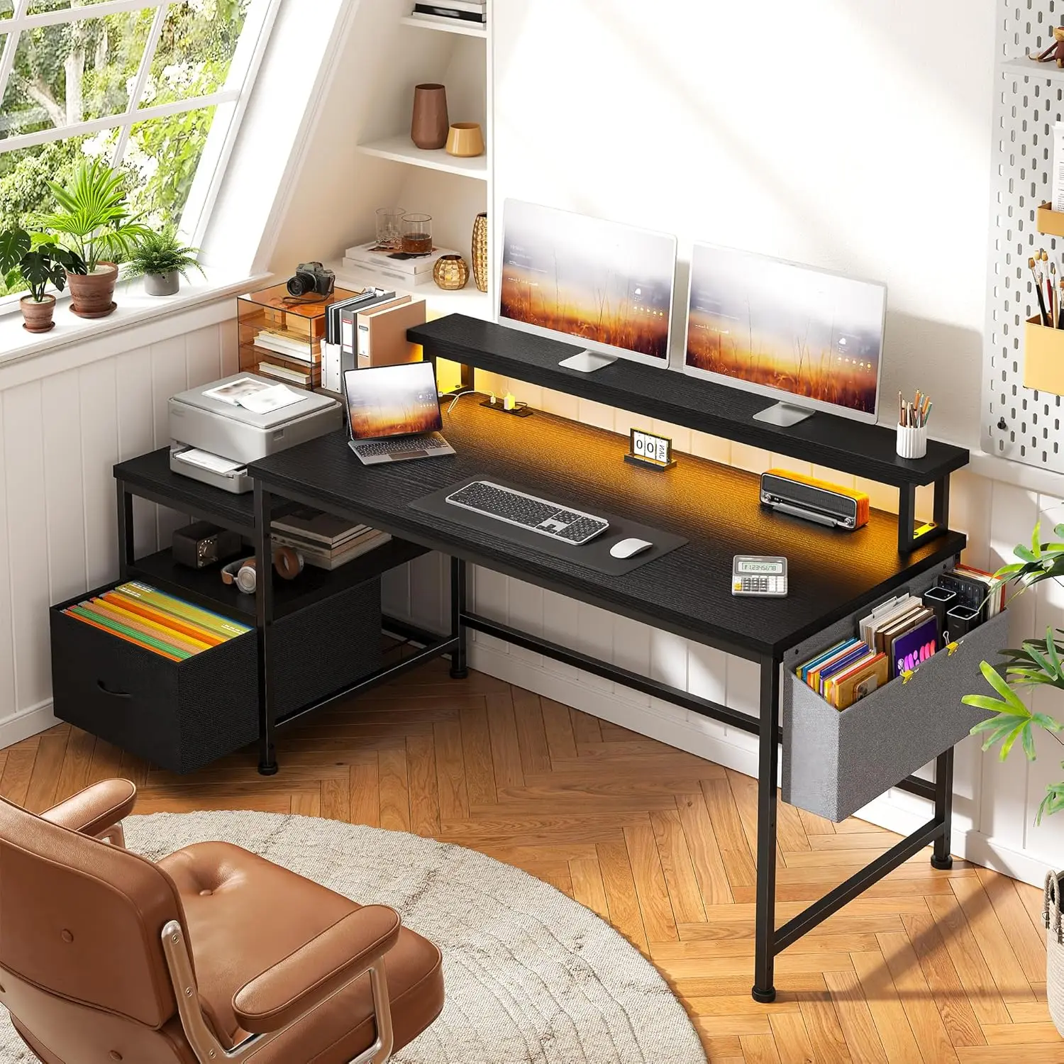 

Gaming Desk with Monitor Stand,Computer Desk with LED Lights &Power Outlets,Office Desk with Drawers & Printer, Customized