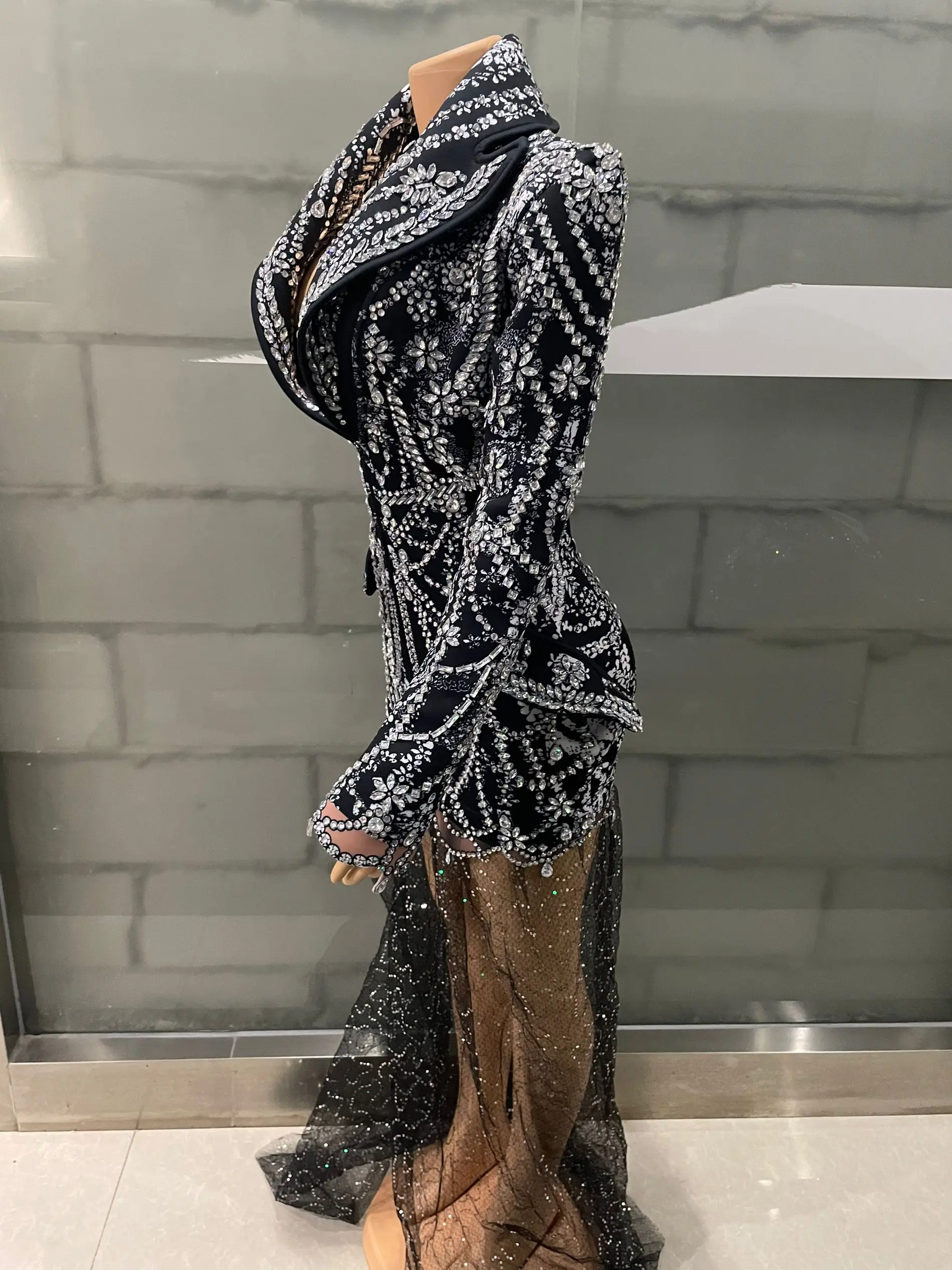 Kristalle Strass Abend Party Lange Tas Kleid Frauen Quaste Club Kleid Schwarz Sexy Jazz Sänger Tänzer Bühne Kostüme