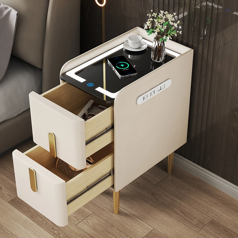 Creative Multifunction Smart Nightstand 2 Drawers Rotating Bedside Table Wood Cabinet Charging Station for Bedroom Application