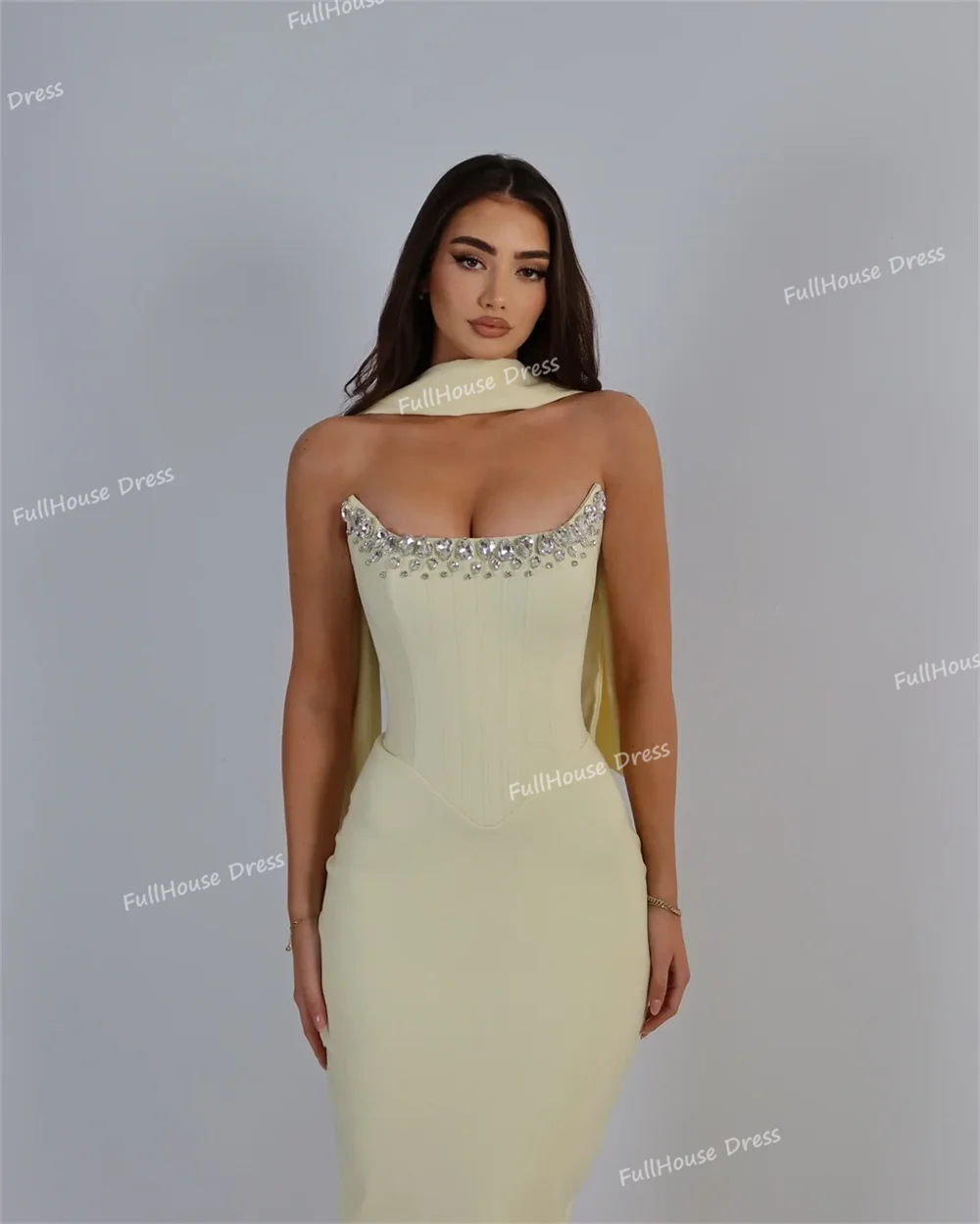 Custom Made Charming Strapless Pleated Sexy Sheath Evening Gown Backless Floor Length Shawl Party Dress with Crystal