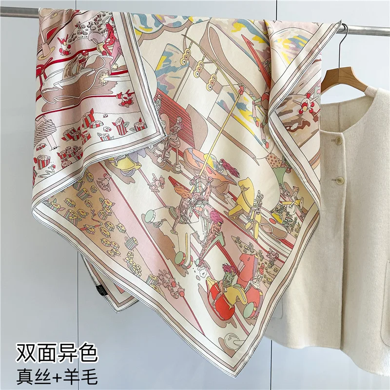 

Шелковый шерстяной квадратный шарф, осенне-зимний новый концентратор реальности, двусторонний гетерохромный ручной работы, модная шаль, бархатный шарф